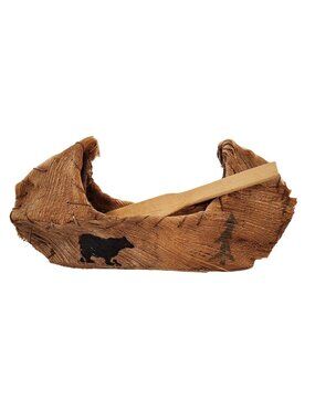 Rustic Handcrafted Canoe Planter Made From Coconut Husk & Wood With Bear Design